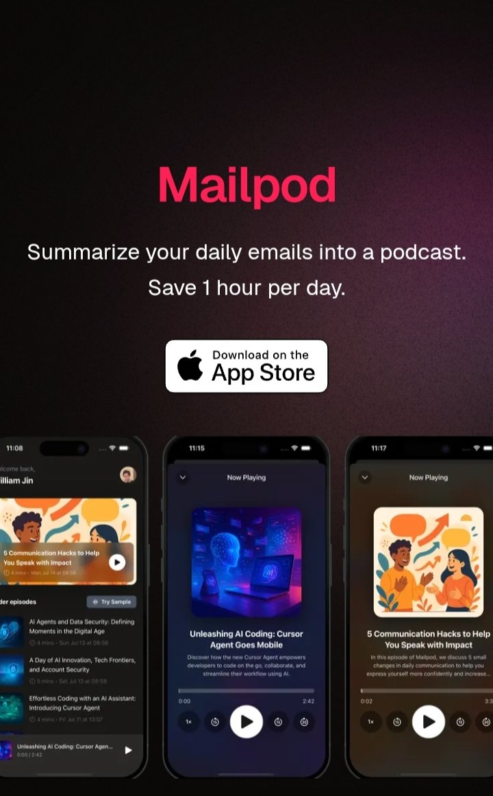 williamjinq's tweet image. &quot;Drowning in emails? 📥 Let Mailpod turn your inbox into a podcast. 

🎧 Listen on the go &amp;amp; save up to 1 hour a day. 

#Productivity #AItools #EmailHack
#buildinpublic