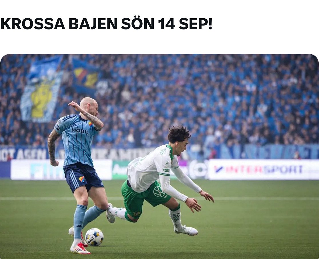 Tomwhye1's tweet image. TAGGA - krossa Bajenbönderna!

Årets sista derby, nu jävlar ska vi vinna derbyt och sätta sista spiken i kistan på Bajens gulddrömmar. 

Sprid surret. Köp biljett. Tagga 💥

Vi e Djurgårn - STOCKHOLMS nr 1 !