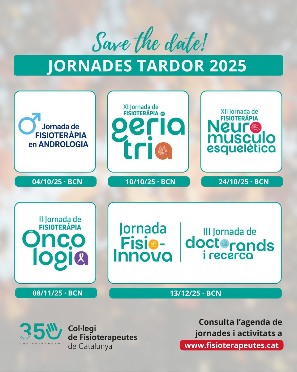🔔 Save the date – Tardor de Jornades al CFC! 🍂

📅 4 d’oct. –  Fisioteràpia en Andrologia
📅 10 d’oct. – Fisioteràpia en Geriatria
📅 24 d’oct. –  Fisioteràpia NME
📅 8 de nov. – Fisioteràpia en Oncologia
📅 13 de des.  – Fisio-Innova + Jornada de Doctorands