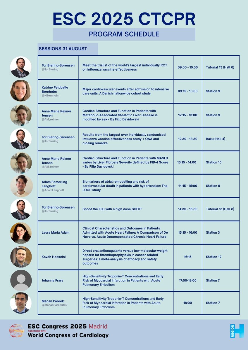 Come and hear about the latest science from
<a href="/CTCPR_/">CTCPR Trials & CIRL</a> at #ESCcongress
Researchers from <a href="/CTCPR_/">CTCPR Trials & CIRL</a>  will present 32 abstracts including 2 late-breaking RCT presentations – And publish several simultaneous publications. 
STAY TUNED! 👉 See our 4-day program below –  Sunday´s highlights