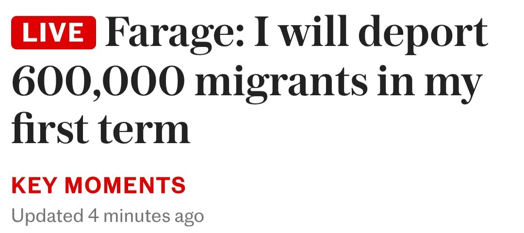 Reform UK party leader Nigel Farage unveiled his mass #deportation plan, and said that he would deport up to 600,000 illegal migrants in his first term in office if his party wins the next election

#immigration #Farage #OperationRestoringJustice 

telegraph.co.uk/politics/2025/…