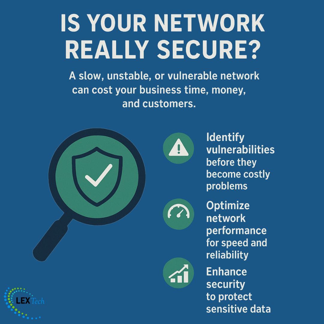 TechnologyLex's tweet image. 🔍 Is Your Network Really Secure?
A slow, unstable, or vulnerable network can cost your business time, money, and customers.
At Lex Technology, our comprehensive Network Assessments give you a clear picture of your IT infrastructure and help you:
⚡ Identify vulnerabilities…