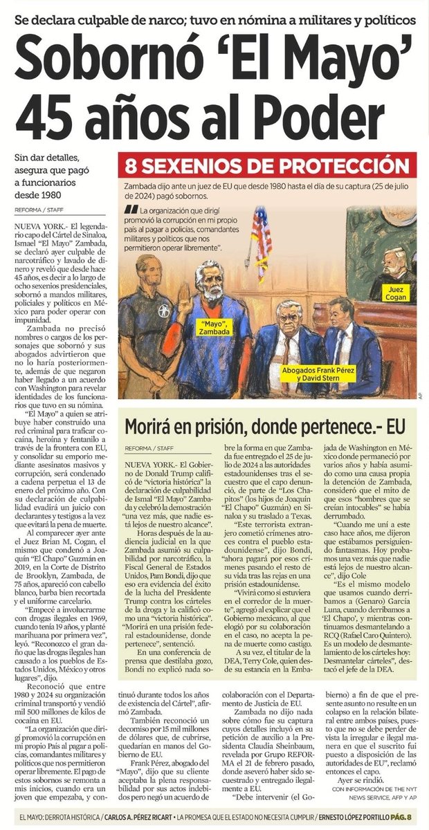 — Oiga' Presidenta... el Mayo Zambada dice que también sobornó al gobierno de López Obrador y por eso iba tanto a Badiraguato... ¿que dice de eso?

- "El gobierno de AMLO fue inmaculado"
- "No estoy informada"
- "No hay pruebas"
- "Fue Calderón"

- "¿Ya vieron mi popularidad?"