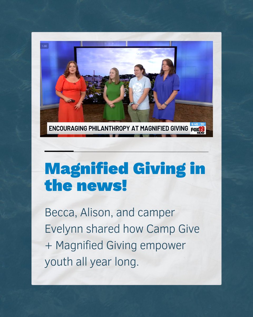MagnifiedGiving's tweet image. mg on fox19! 🎥💙

Becca, Alison + camper Evelynn shared how Camp Give empowers youth all year long. so proud to see our mission shine on screen → fox19.com/video/2025/08/…

#magnifiedgiving #campgive #youthphilanthropy