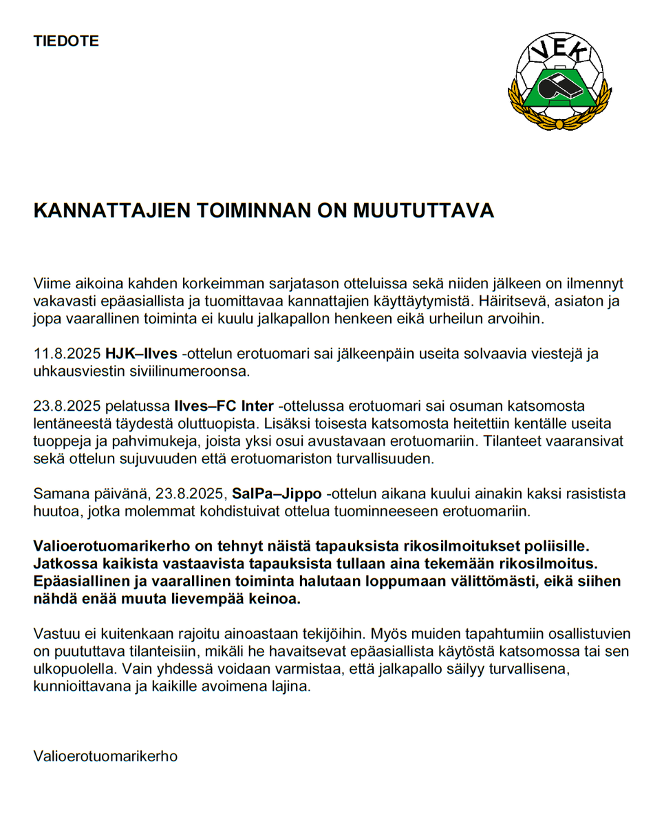 Häiritsevä, asiaton ja jopa vaarallinen toiminta ei kuulu jalkapallon henkeen eikä urheilun arvoihin.

#Veikkausliiga #Ykkösliiga #Palloliitto #erotuomari