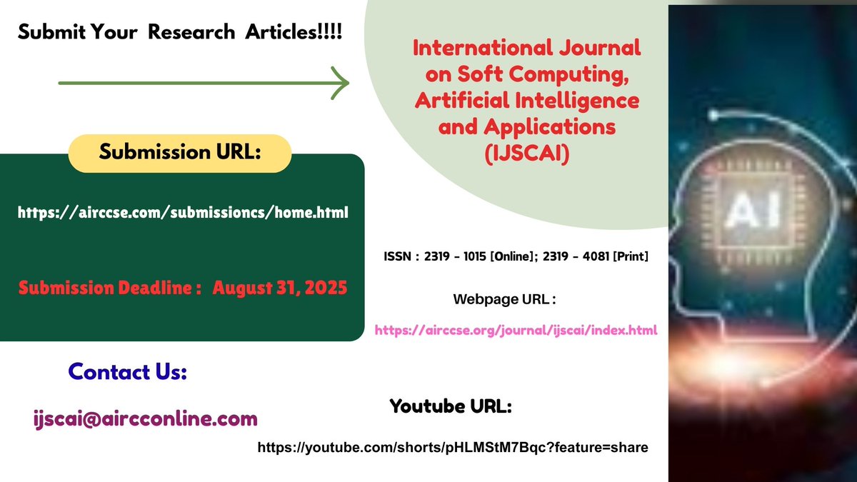 CarinaEsil56860's tweet image. #artificialintelligence #softcomputing
Submit Your Research Articles !!!
International Journal on Soft Computing, Artificial Intelligence and Applications (IJSCAI)
airccse.org/journal/ijscai…
Submission URL:airccse.com/submissioncs/h…
Contact us: ijscai@aircconline.com