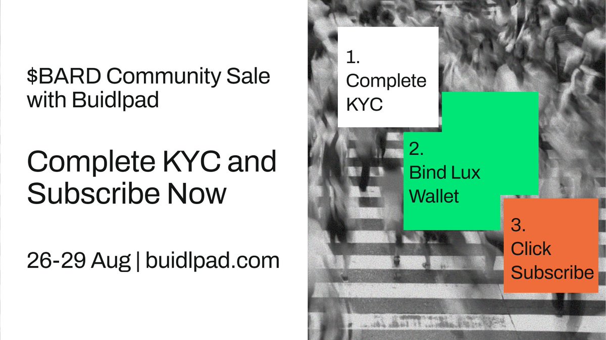 Lombard | LBTC (@lombard_finance) on Twitter photo Following overwhelming participation in the UGC Campaign with over 23,500 submissions (🧩👀‼️) the KYC and Subscription stage for the $BARD Community Sale on <a href="/buidlpad/">Buidlpad 🧩 $BARD</a> is now open.
All interested individuals MUST complete the required steps before 29 August. Following overwhelming participation in the UGC Campaign with over 23,500 submissions (🧩👀‼️) the KYC and Subscription stage for the $BARD Community Sale on <a href="/buidlpad/">Buidlpad 🧩 $BARD</a> is now open.
All interested individuals MUST complete the required steps before 29 August.