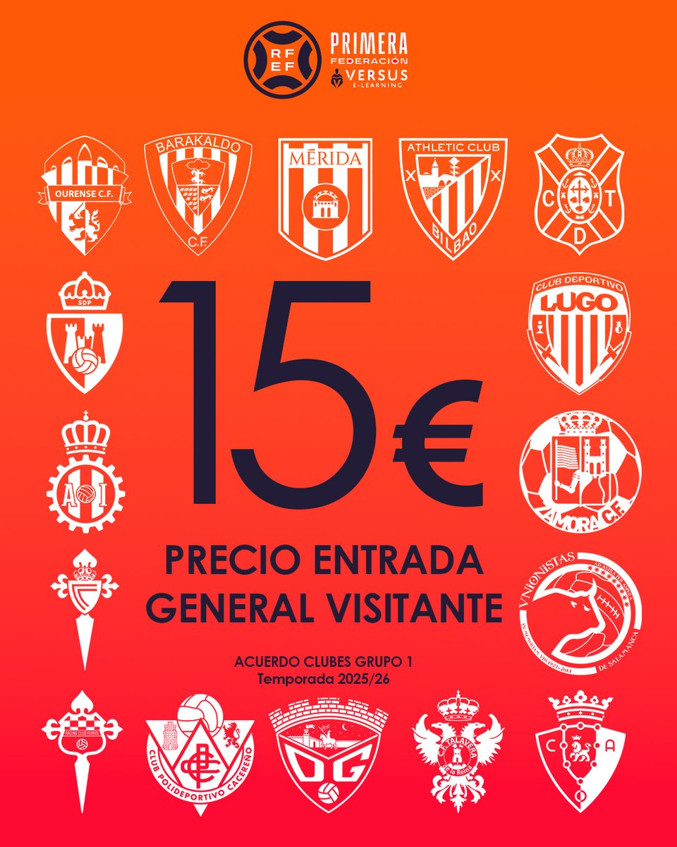 Racing Club Ferrol (@racingferrolsad) on Twitter photo 🎟️ ACORDO DE ENTRADAS
Os clubs do Grupo I da #PrimeraFederación chegamos a un histórico acordo para fixar prezos comúns nas entradas.
Unha medida coa que queremos facilitar os desprazamentos das afeccións esta tempada.
💵 15€
🛡️ <a href="/racingferrolsad/">Racing Club Ferrol</a> <a href="/deporguada/">C.D. Guadalajara 🟣⚪️</a> <a href="/Ourense_CF/">Ourense CF</a> 🎟️ ACORDO DE ENTRADAS
Os clubs do Grupo I da #PrimeraFederación chegamos a un histórico acordo para fixar prezos comúns nas entradas.
Unha medida coa que queremos facilitar os desprazamentos das afeccións esta tempada.
💵 15€
🛡️ <a href="/racingferrolsad/">Racing Club Ferrol</a> <a href="/deporguada/">C.D. Guadalajara 🟣⚪️</a> <a href="/Ourense_CF/">Ourense CF</a>