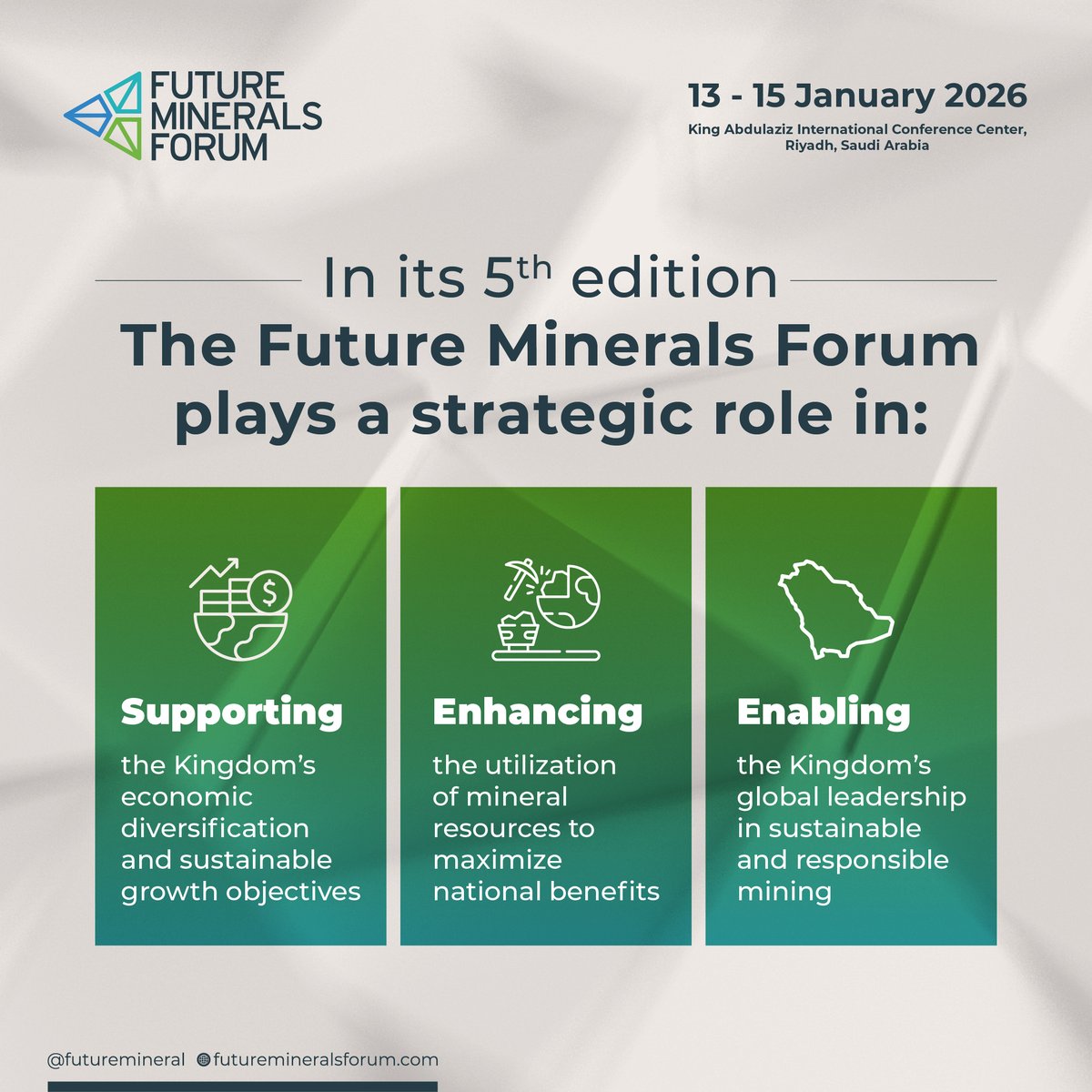 #FutureMineralsForum 2026 returns with its 5th edition in Riyadh, continuing to advance the utilization of mineral resources and unlock promising investment opportunities.

Register now to be part of the conversation on minerals:
registration.futuremineralsforum.com/e/9ee6d849-04b…