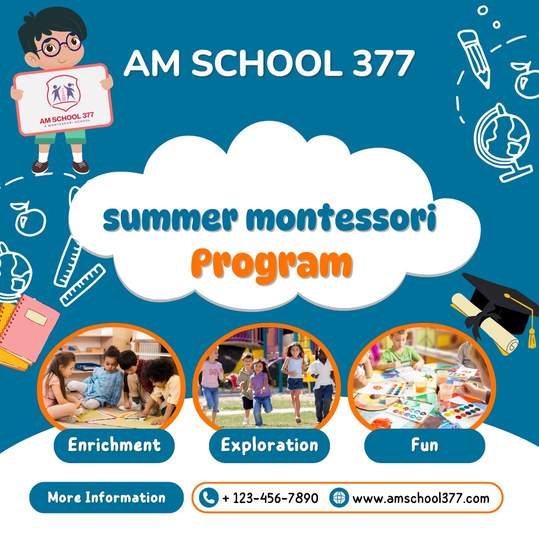 NRIPage's tweet image. Join Our Summer Montessori Program at AM SCHOOL 377! 
🧠 Enrichment | 🌳 Exploration | 🎨 Fun
📞 For more details:
+123-456-7890
🌐 amschool377.com
#Montessori #SummerProgram #AMSchool377 #LearningIsFun #EducationMatters