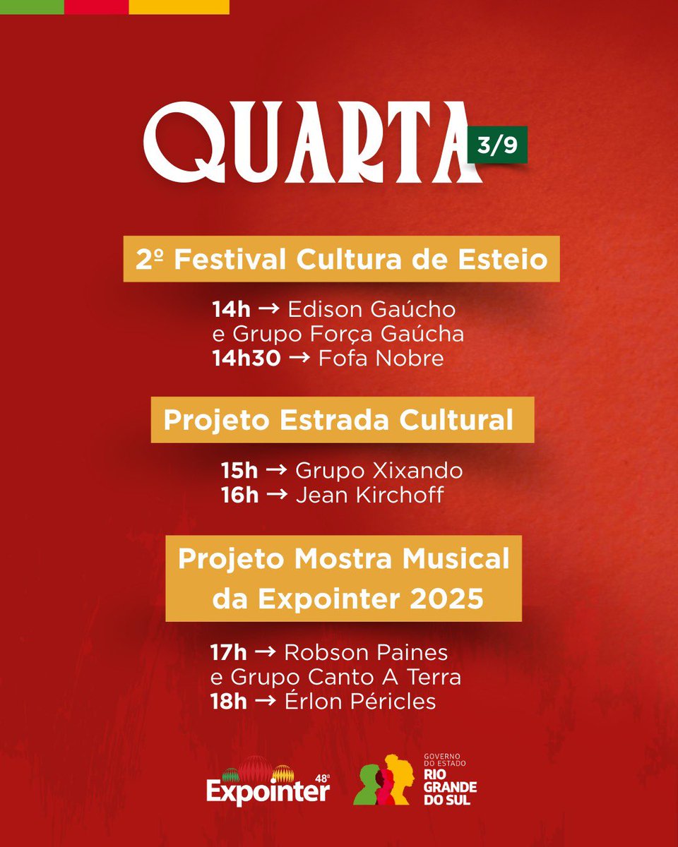 governo_rs's tweet image. 🎶 O destaque fica por conta da Ópera Gaúcha, que neste ano apresenta o espetáculo inédito “O Legado de um Povo”, no sábado (30), às 19h30, na Pista Central.

👉🏼 Confira a programação completa e se organize para aproveitar cada momento da Expointer!

#Expointer2025
