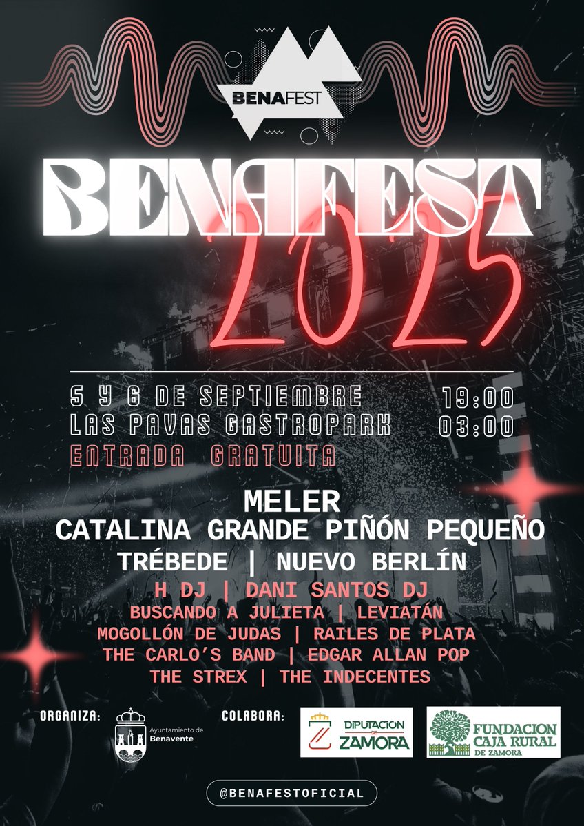 Ayto Benavente (@aytobenavente) on Twitter photo FERIAS|
💥BENAFEST 2025💥
🎤Tercera edición del Festival BENAFEST 2025
📅5 y 6 de septiembre
⏰19:00 - 03:00 horas
📍Las Pavas Gastropark
🎫Entrada gratuita
<a href="/dipuzamora/">Diputación de Zamora</a> <a href="/cajaruralzamora/">cajaruralzamora</a> FERIAS|
💥BENAFEST 2025💥
🎤Tercera edición del Festival BENAFEST 2025
📅5 y 6 de septiembre
⏰19:00 - 03:00 horas
📍Las Pavas Gastropark
🎫Entrada gratuita
<a href="/dipuzamora/">Diputación de Zamora</a> <a href="/cajaruralzamora/">cajaruralzamora</a>