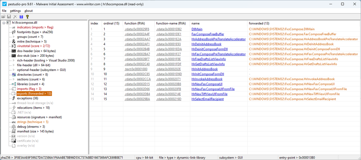 ochsenmeier's tweet image. As a reminder, #pestudio detects executable files with forwarded exports #infosec #malware