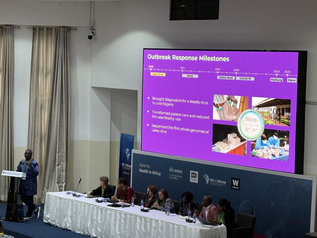 At the #DSIAfrica 5th Meeting in Accra, Prof <a href="/christian_happi/">Christian T. Happi</a> highlights how genomic innovation in Africa is transforming outbreak response from Ebola &amp; Lassa fever to COVID-19, Mpox &amp; Marburg.
Early detection + genomic surveillance = lives saved, costs reduced, future pandemics