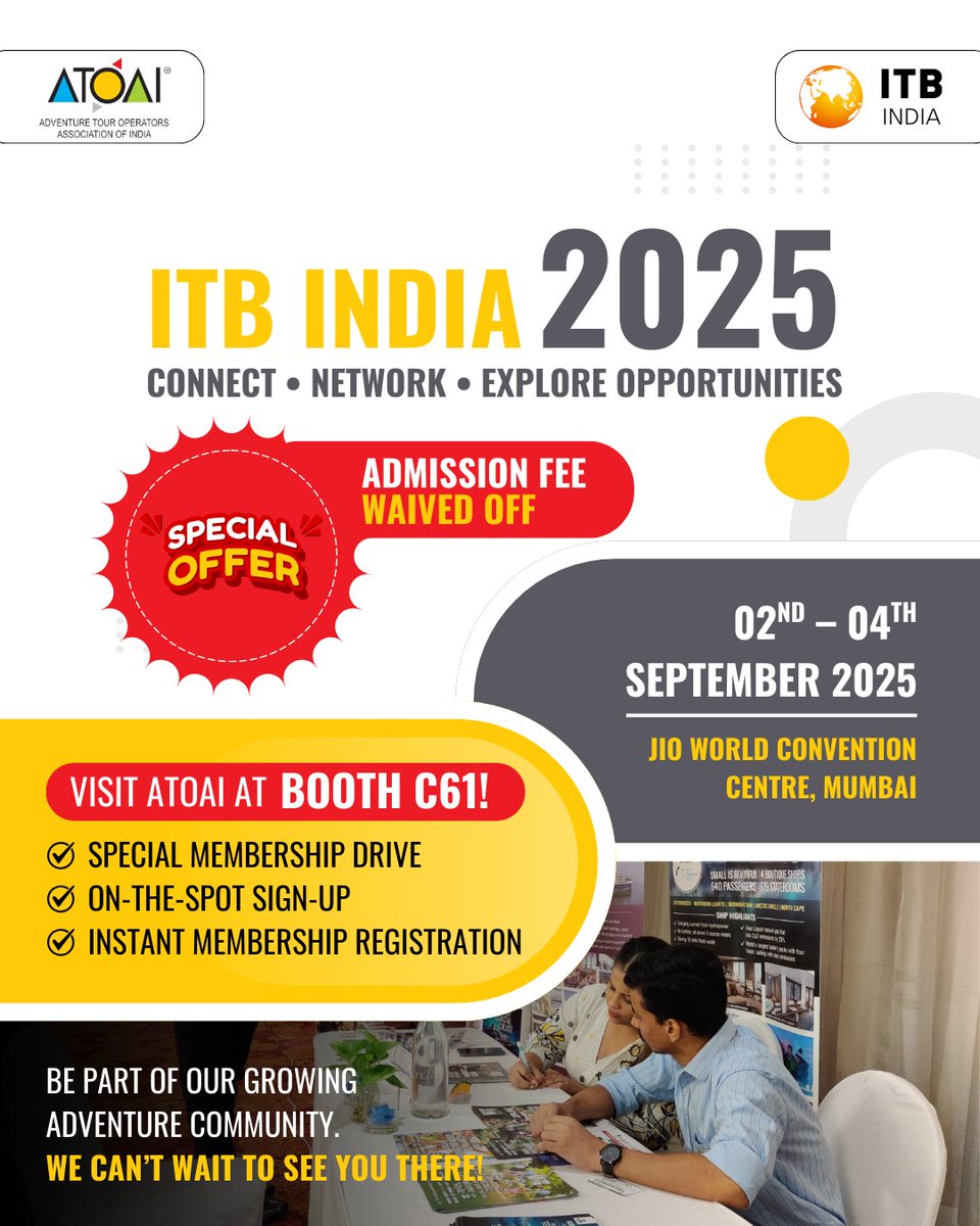 🚀 ATOAI is at #ITBIndia2025!

📍 Jio World Convention Centre, Mumbai | 2–4 Sept
Find us at Booth C61 🤝

✨ Special Membership Drive: Join ATOAI on-the-spot &amp; get admission fees waived.

See you in Mumbai! 🌍 #AdventureTourism #ATOAIexplore