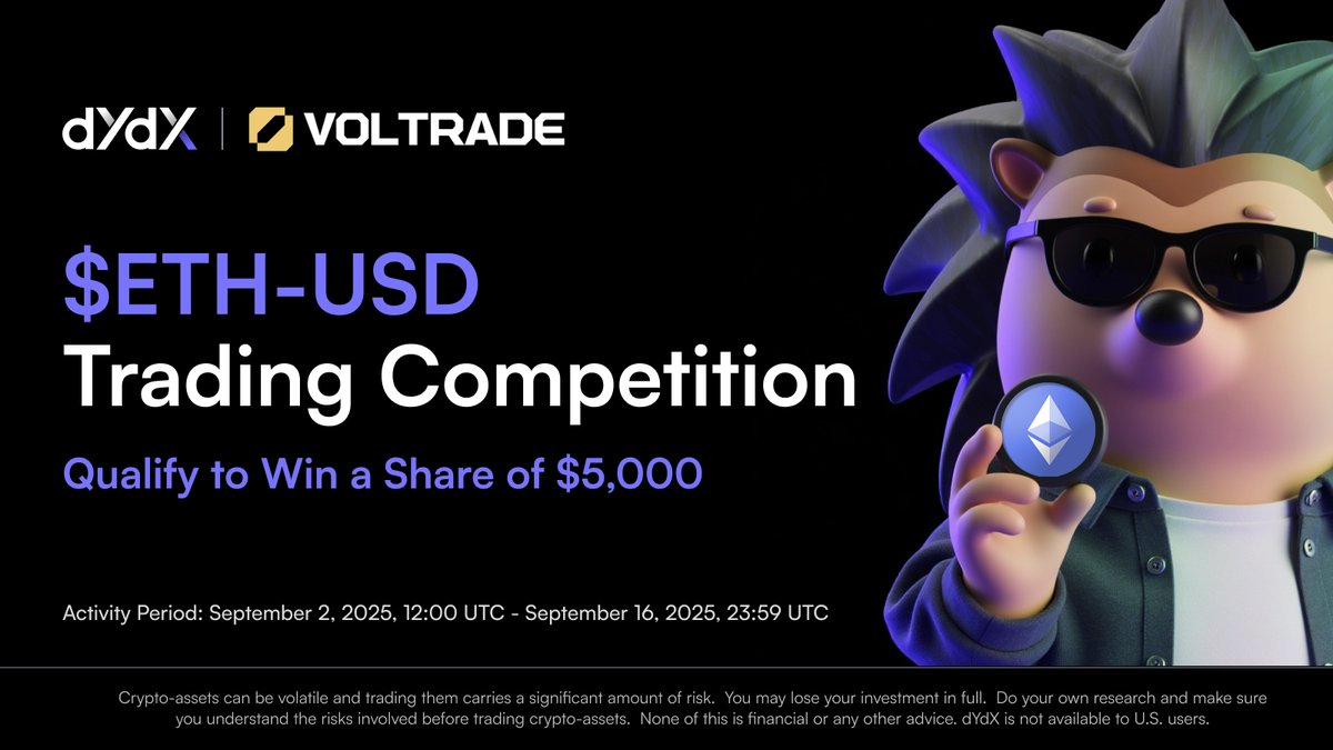 dYdX (@dydx) on Twitter photo Game on. dYdX has partnered with <a href="/Voltrade_xyz/">Voltrade.xyz</a> for an ETH-USD showdown!
Trade Sept 2–16, rack up points on the Voltrade leaderboard, and win from a $5,000 pool.
Register here 👉 voltrade.xyz/trading_compet… Game on. dYdX has partnered with <a href="/Voltrade_xyz/">Voltrade.xyz</a> for an ETH-USD showdown!
Trade Sept 2–16, rack up points on the Voltrade leaderboard, and win from a $5,000 pool.
Register here 👉 voltrade.xyz/trading_compet…