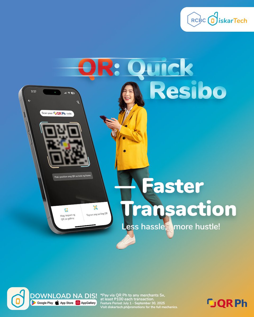 rcbcdiskartech's tweet image. Bawat segundo ay mahalaga. Para sa smoother, faster, and hassle-free payments, use your RCBC DiskarTech App to scan and pay any QR Ph code. May chance ka pa to earn cashback! 💸📲

Visit diskartech.ph/promotions for the full mechanics.

#RCBC #GoForMore #RCBCDiskarTech