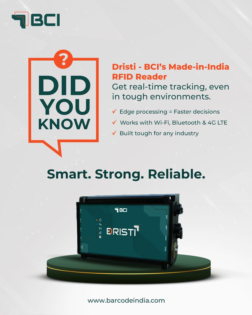 BarCodeIndialtd's tweet image. Meet Dristi - the RFID Reader that’s as smart as it is tough.
Real-time tracking, lightning-fast decisions, and built to perform anywhere.
Proudly Made in India.
#Dristi #RFIDReader #MadeInIndia #SmartTracking #SupplyChainSolutions #BCI