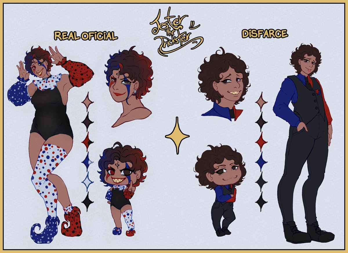 [Refsheet provisória]

Olá! Sou um jester chamado Jester.

Uma Aberração de Tinta condenada a mudar de forma sempre.

Mas, nas horas vagas eu faço vídeos sobre jogos e produzo tirinhas engraçadas ou muito depressivas. ☝️🤠

Não se apegue ao visual, eu aprendi a desapegar deles.