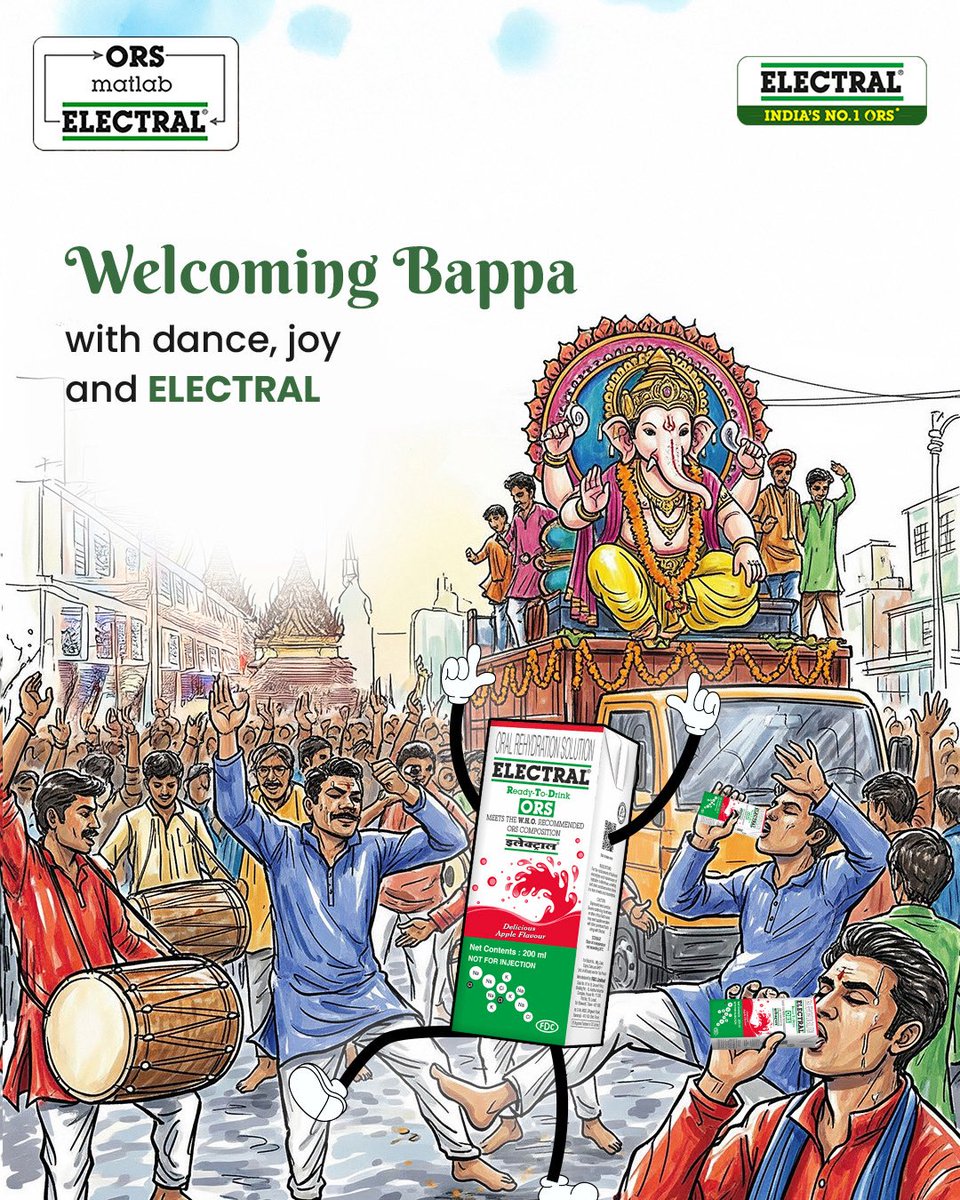 electralofc's tweet image. Bappa’s arrival calls for unstoppable energy, dance, and joy! Amidst the dhols and devotion, don’t forget to stay hydrated and keep the spirit high with Electral by your side.

#ORSMatlabElectral #ElectralForIndia #StayHydrated #Electral #GanpatiBappa #BappaReturns