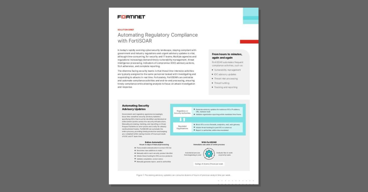theamaralgroup's tweet photo. Regulations keep changing—your security team shouldn't have to play catch-up. See how @Fortinet FortiSOAR automates and simplifies compliance workflows so your customers can stay audit-ready. Download the solution brief 👇 https://t.co/Me4aYPDUZz https://t.co/M6nvMiqPpA