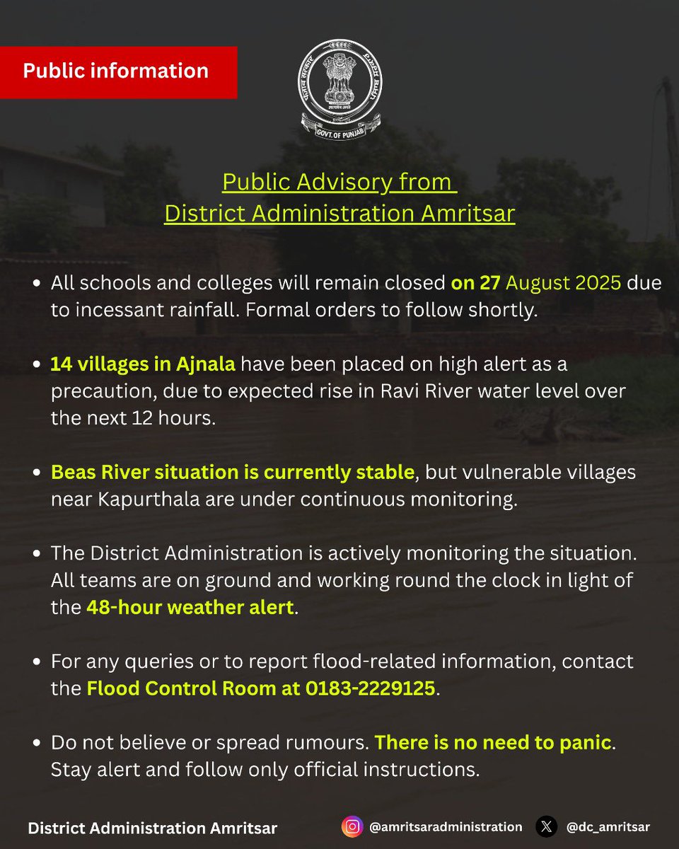 Deputy Commissioner Amritsar (@dc_amritsar) on Twitter photo Due to continuous rainfall, all schools and colleges in Amritsar District will remain closed on August 27. For any flood-related information, contact 0183-2229125. Avoid rumors and stay safe.
<a href="/CsPunjab/">Chief Secretary Punjab</a> <a href="/PbGovtIndia/">Government of Punjab</a> <a href="/CMOPbIndia/">CMOPb</a> <a href="/BhagwantMann/">Bhagwant Mann</a> <a href="/AmritsarRPolice/">Amritsar Rural Police</a> <a href="/cpamritsar/">Commissionerate Police Amritsar</a> Due to continuous rainfall, all schools and colleges in Amritsar District will remain closed on August 27. For any flood-related information, contact 0183-2229125. Avoid rumors and stay safe.
<a href="/CsPunjab/">Chief Secretary Punjab</a> <a href="/PbGovtIndia/">Government of Punjab</a> <a href="/CMOPbIndia/">CMOPb</a> <a href="/BhagwantMann/">Bhagwant Mann</a> <a href="/AmritsarRPolice/">Amritsar Rural Police</a> <a href="/cpamritsar/">Commissionerate Police Amritsar</a>