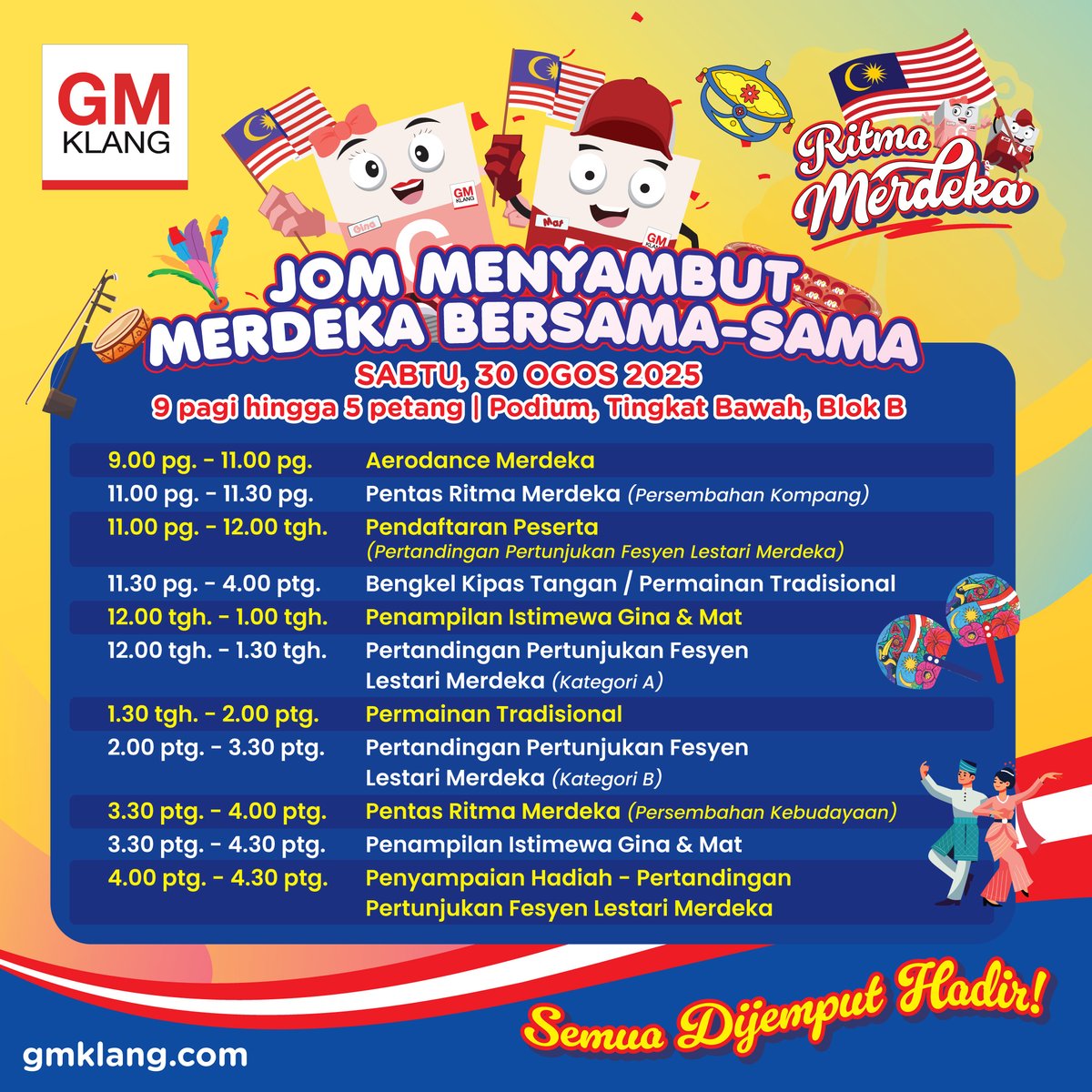BernamaTV's tweet photo. Looking for a fun way to celebrate Merdeka with your family? Letβs go to Ritma Merdeka 2025 at GM Klang for exciting performances, cultural highlights and a unique Merdeka-themed fashion show using recycled materials!
#digitalbernamatv #RitmaMerdeka2025 #gmklang https://t.co/LR7iw7fFc6