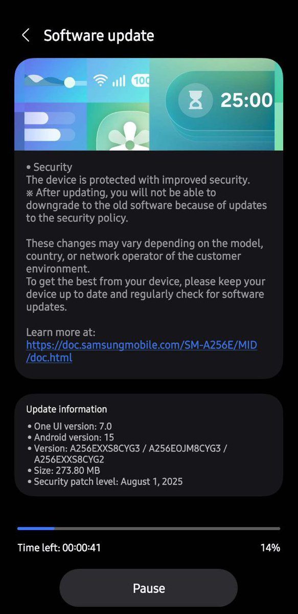 Koram_Akhilesh's tweet image. Attention Galaxy A25 users ❗
OneUI7 August security patch update for Galaxy A25 live in Iraq 🇮🇶

Build info:
A256EXXS8CYG3/A256EOJM8CYG3/A256EXXS8CYG2
#OneUI7Update #GalaxyA25 #Samsung