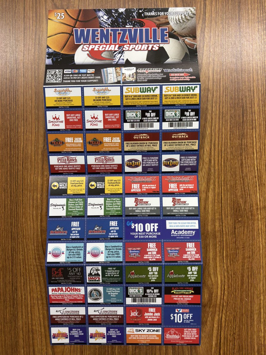 Kyle Johnson (@coachjohnsonwms) on Twitter photo Wentzville Special Sports program is selling cards for $25 to raise money to help athletes compete this year in flag football, bocce, bowling, basketball, track & field, and powerlifting! Please consider helping these awesome kids out! Reach out to me if you would like one! Wentzville Special Sports program is selling cards for $25 to raise money to help athletes compete this year in flag football, bocce, bowling, basketball, track & field, and powerlifting! Please consider helping these awesome kids out! Reach out to me if you would like one!
