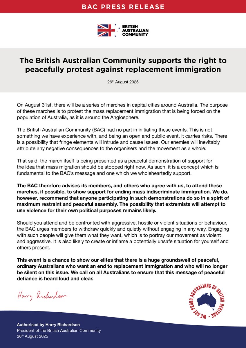 The British Australian Community supports the right to peacefully protest against replacement immigration.