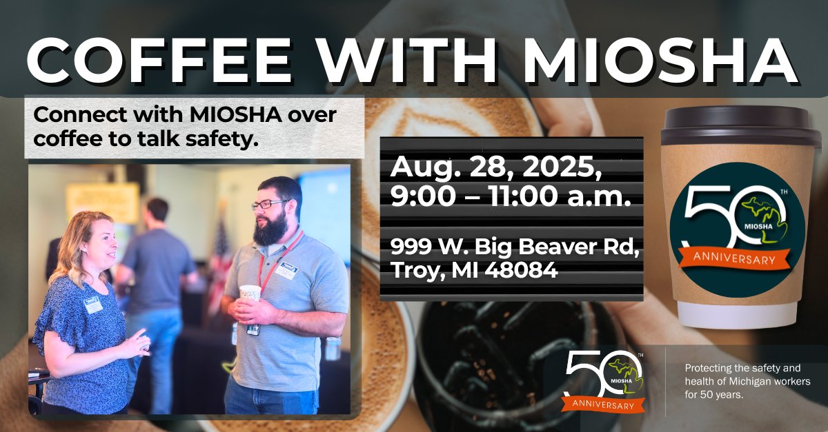 ☕ Coffee with MIOSHA this Thursday in Troy!

Connect with us + <a href="/ASSPSafety/">ASSP</a> Greater Detroit Chapter and Kelly Services over coffee to talk workplace safety &amp; health.

📍 999 W. Big Beaver Rd
🗓 Aug. 28 | 9–11 a.m.

👉 Register: bit.ly/3GY9nie