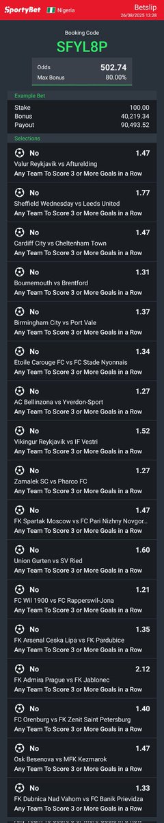 Hey check out the bet I just placed on Sportybet!
Try your luck⏰ sportybet.com/ng/?shareCode=…