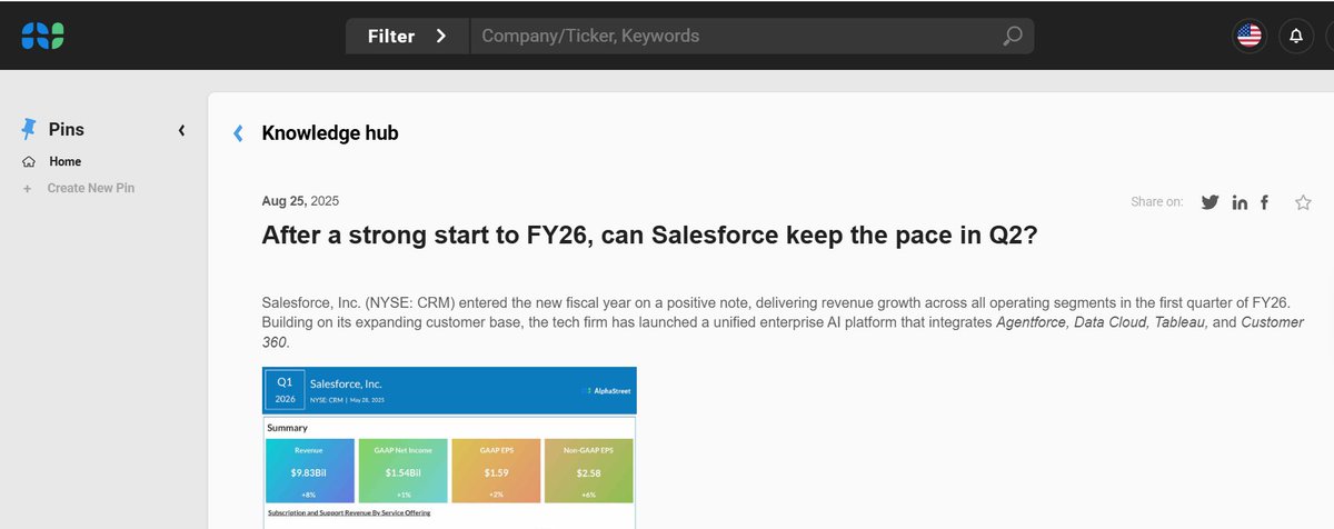 Salesforce (CRM) entered the new fiscal year on a positive note, delivering broad-based revenue growth. The tech firm is expected to report Q2 earnings on September 3. <a href="/salesforce/">Salesforce</a> 
#salesforce #software #CRM #cloudcomputing #Earnings 

app.asai.alphastreet.io/test-drive/kno…