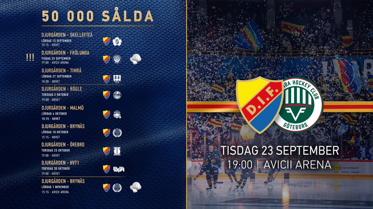Djurgården Hockey (@difhockeyse) on Twitter photo Över 5⃣0⃣ 0⃣0⃣0⃣ sålda biljetter till SHL-höstens nio inledande matcher - och ett 𝗲𝗻𝗼𝗿𝗺𝘁 𝗶𝗻𝘁𝗿𝗲𝘀𝘀𝗲 för Avicii-premiären mot Frölunda 🤩👇🏻
📌 Suveräna platser på kortsida A-etage och terrasserna
🎟️ Biljetter på DIFHockey.se.
#DIFHockey | #AlltidOavsett Över 5⃣0⃣ 0⃣0⃣0⃣ sålda biljetter till SHL-höstens nio inledande matcher - och ett 𝗲𝗻𝗼𝗿𝗺𝘁 𝗶𝗻𝘁𝗿𝗲𝘀𝘀𝗲 för Avicii-premiären mot Frölunda 🤩👇🏻
📌 Suveräna platser på kortsida A-etage och terrasserna
🎟️ Biljetter på DIFHockey.se.
#DIFHockey | #AlltidOavsett