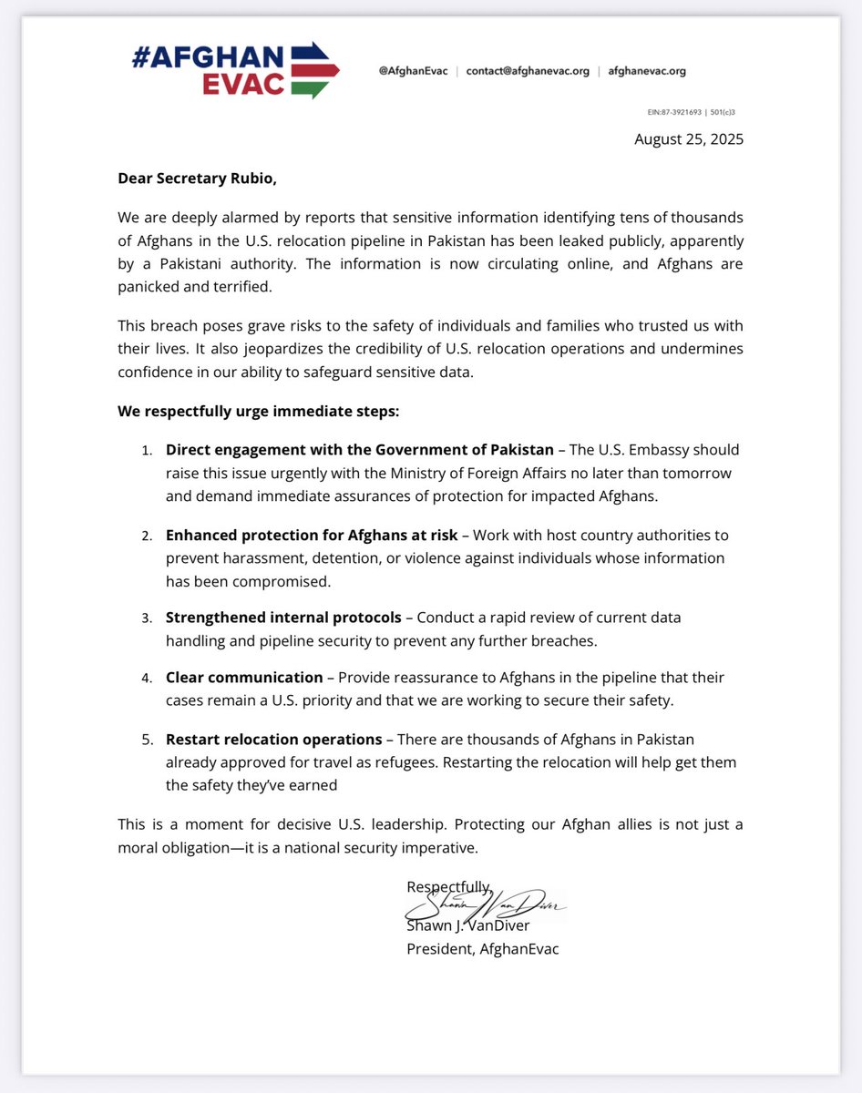 Shawn VanDiver (@shawnjvandiver) on Twitter photo I sent this letter yesterday to <a href="/StateDept/">Department of State</a> leadership.
We hope they will act and help our allies in Pakistan. I sent this letter yesterday to <a href="/StateDept/">Department of State</a> leadership.
We hope they will act and help our allies in Pakistan.