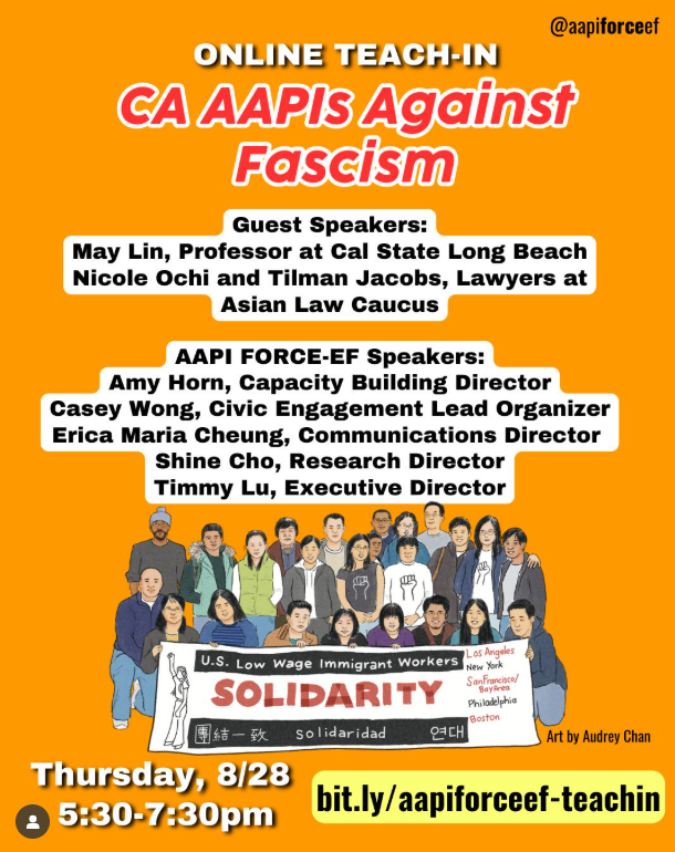 Join us and <a href="/aapiforce/">aapiforce</a> on Thursday 8/28 from 5:30-7:30pm for an online teach in on how how Asian American communities have been targeted by and resist ICE terror.

Sign up at: bit.ly/aapiforceef-te…