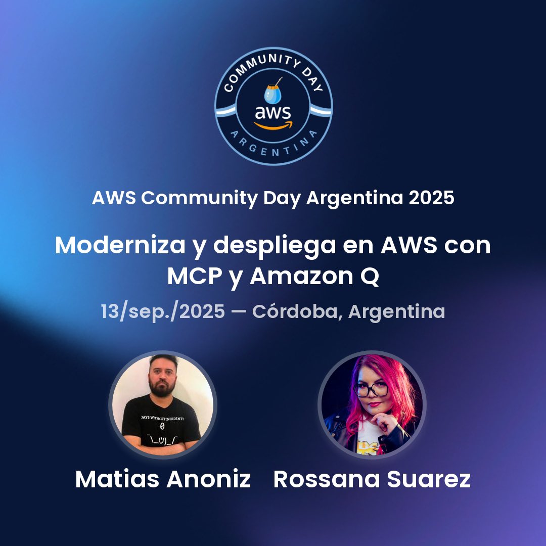 🔥 El 13/9 en Córdoba nos vemos en el #AWSCommunityDay Argentina 2025
Junto a Matías Anoniz: Moderniza y despliega en AWS con MCP y Amazon Q 💜🚀 <a href="/awscloud/">Amazon Web Services</a> 

👉 Inscripciones: awsarg.org