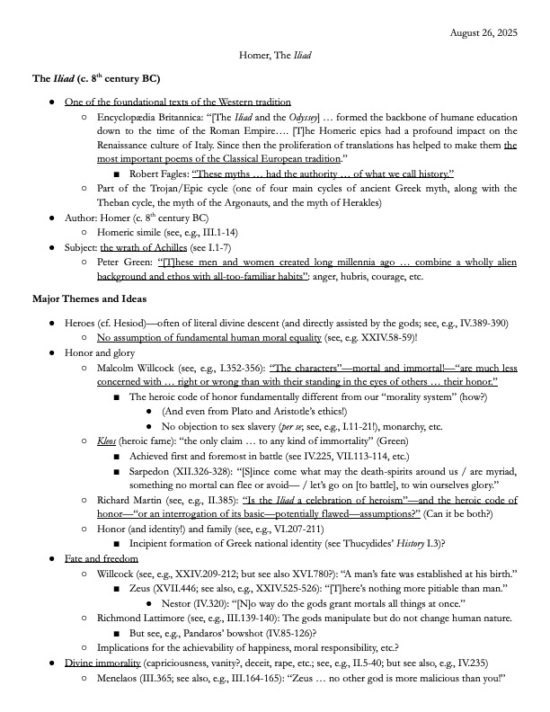 Today's handout on the Iliad