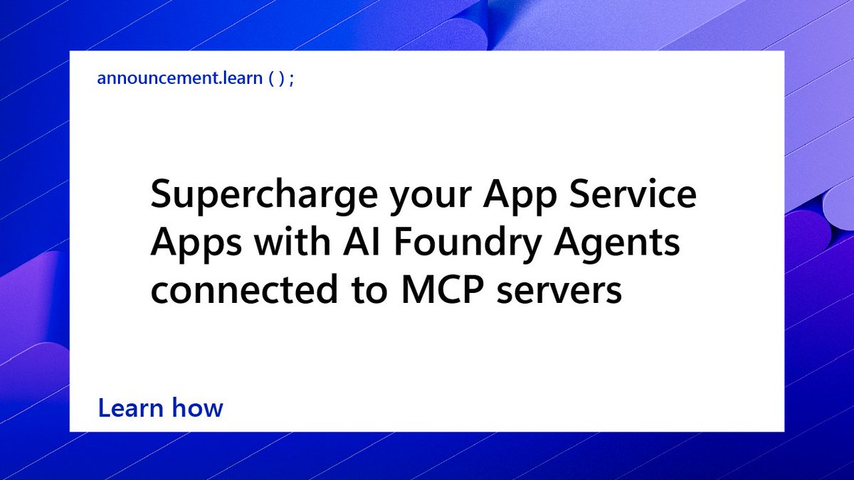 Supercharge your #AzureAppService apps with AI Foundry agents 🤖 Connected via MCP, they enable dynamic tool discovery, orchestration, and seamless integration—no glue code needed. 

Key benefits of MCP include:
🔗 (cont) msft.it/l/6012sZTck