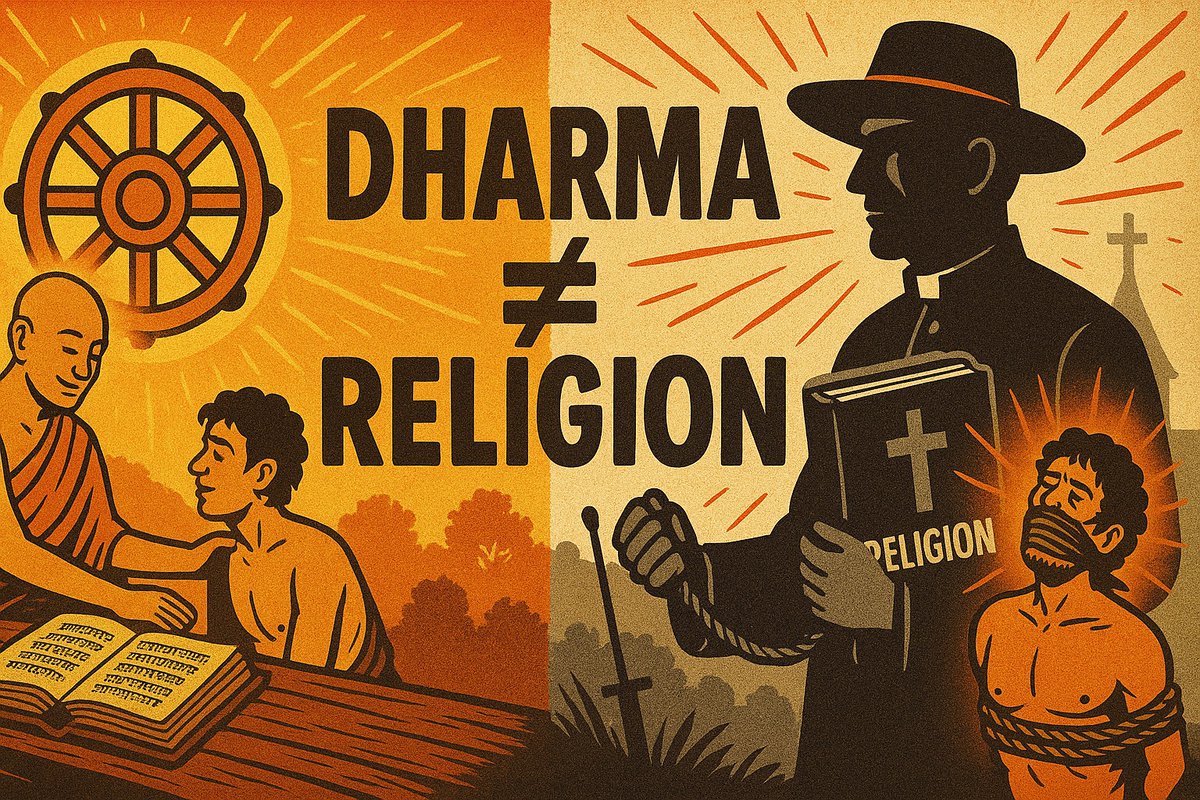 They fooled us. Missionaries + colonial scholars squeezed Dharma into their narrow box of “religion.” But Dharma isn’t some belief club with a founder &amp; holy book. 
stophindudvesha.org/mistranslation…
It’s deeper, freer, older—about action, harmony, liberation. Calling it “Hindu religion” is
