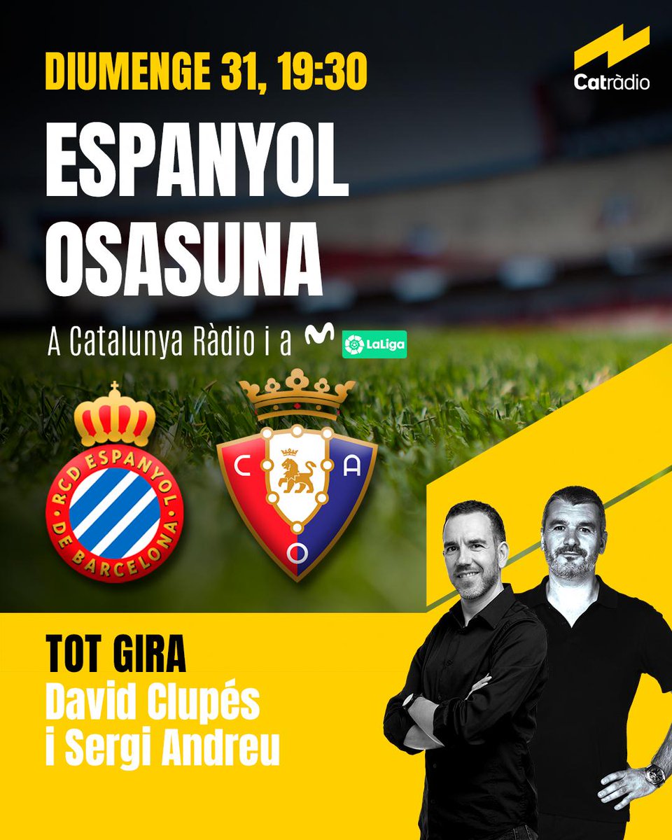 El club de la mitjanit (@clubmitjanit) on Twitter photo ⚪️🔵 Avui juga l'Espanyol!
ESPANYOL - OSASUNA
% d'opcions de victòria dels de Manolo?
A partir de les 19.30 h, el partit al <a href="/totgira/">Tot gira</a> de <a href="/CatalunyaRadio/">Catalunya Ràdio</a> amb <a href="/SergiAndreuG/">Sergi Andreu</a> i <a href="/soniaoleart/">Sònia Oleart</a> ⚪️🔵 Avui juga l'Espanyol!
ESPANYOL - OSASUNA
% d'opcions de victòria dels de Manolo?
A partir de les 19.30 h, el partit al <a href="/totgira/">Tot gira</a> de <a href="/CatalunyaRadio/">Catalunya Ràdio</a> amb <a href="/SergiAndreuG/">Sergi Andreu</a> i <a href="/soniaoleart/">Sònia Oleart</a>