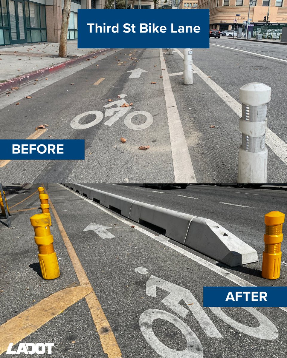 Piloting new bike infrastructure in DTLA! Crews recently installed concrete barriers on the 3rd Street bike lane, between Main and Spring—and now we want to hear from you! Take our survey and share your feedback: form.typeform.com/to/mKQsn7LQ