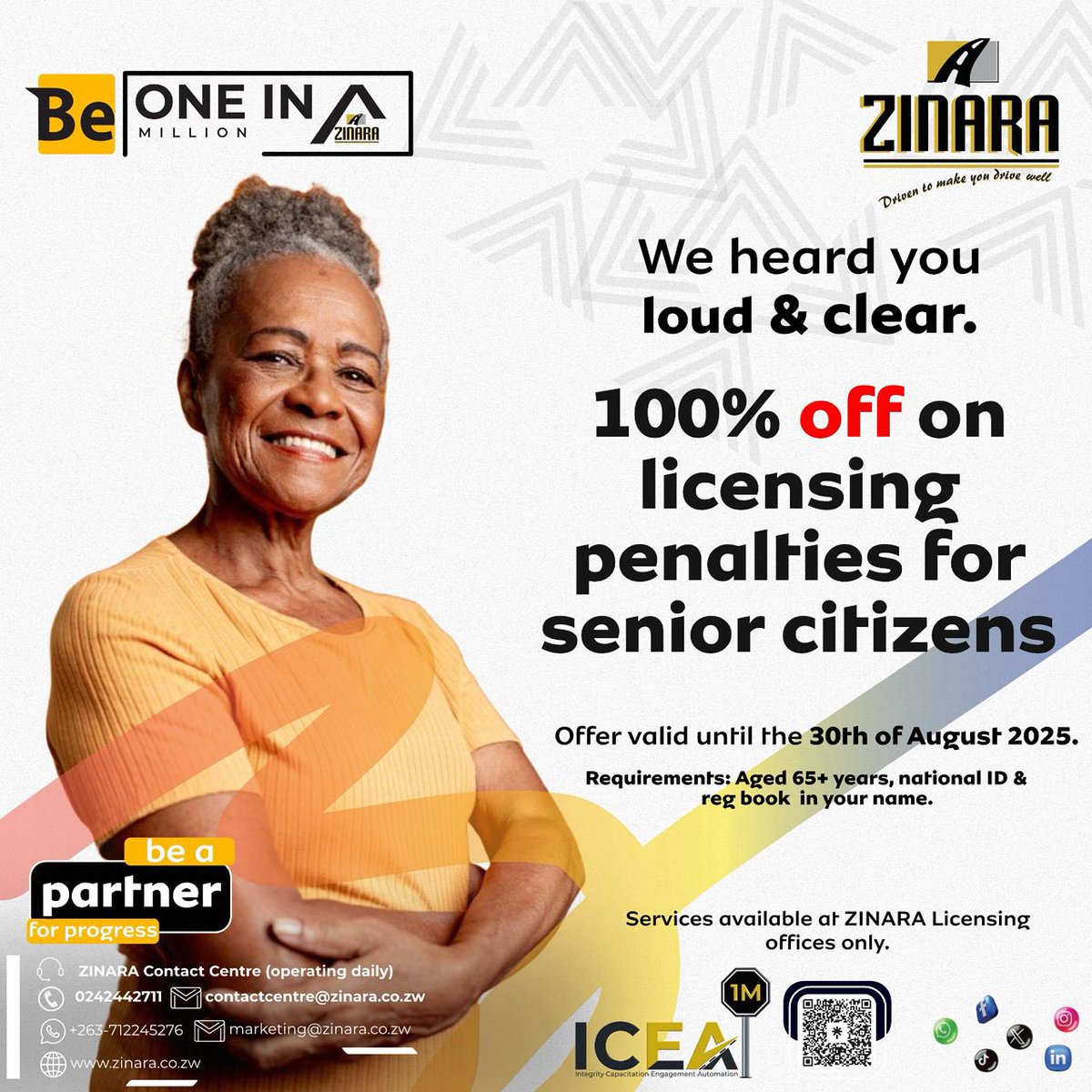 zinaraZW's tweet image. Ungazodei! Ungafunani!! - A listening #PartnerForProgress
You spoke! - we listened !
During this year’s Zimbabwe Agric Show we are giving a one time offer of a massive 50% discount on all motor vehicle penalties!
How about that!
But then it gets better - Senior citizens get…