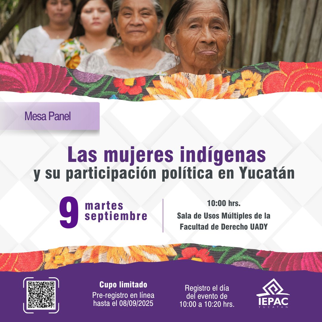 📣Te invitamos a escuchar de 🗣 voz de sus protagonistas los retos y desafíos que enfrentan las mujeres indígenas de Yucatán para ejercer sus derechos político-electorales, postularse o ejercer cargos públicos.
Regístrate en:
docs.google.com/forms/d/e/1FAI… 
🙌¡Participa!