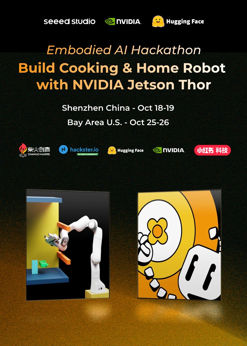 seeedstudio's tweet image. 🤖✨ Join our next #EmbodiedAIHackathon! 
Build home &amp;amp; cooking robots with @NVIDIARobotics  Jetson #Thor, #IsaacSim &amp;amp; @LeRobotHF .
⚡ Explore IL, RL &amp;amp; VLA models like #GR00T N1.5.
📍 Shenzhen Oct 18–19
📍 Bay Area Oct 25–26
👉 Register: bit.ly/3HRif9J
