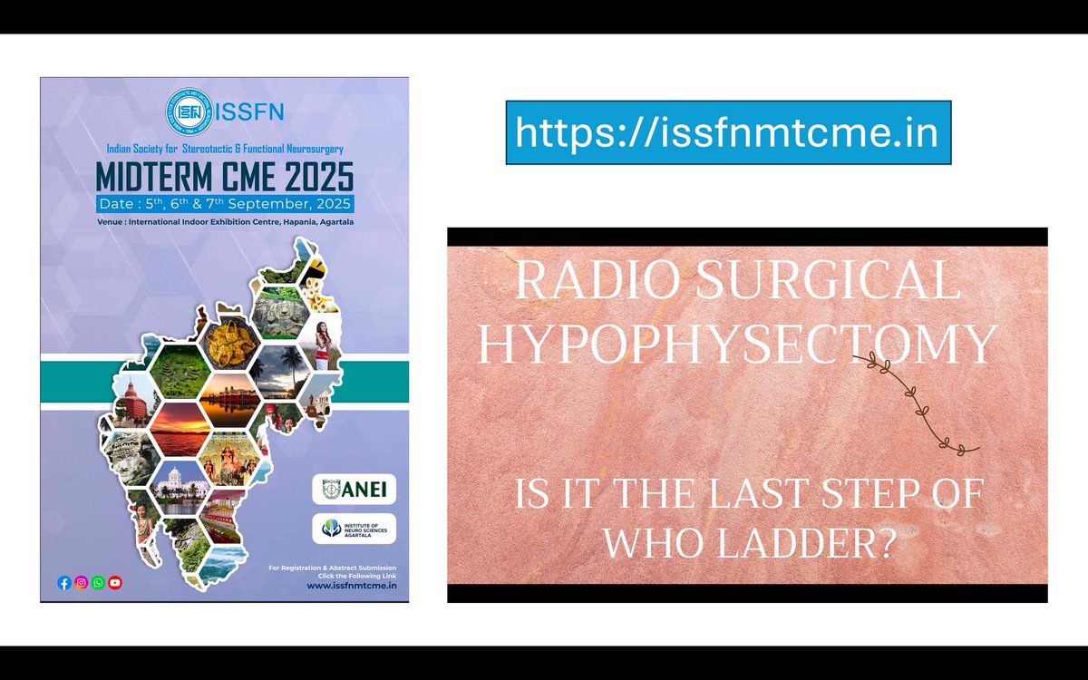Manjul Tripathi (@manjulneuro) on Twitter photo ✨ RADIO SURGICAL HYPOPHYSECTOMY
🚀 Is this the FINAL step on the WHO analgesic ladder?
I am exploring Gamma Knife Radiosurgery for intractable pain at #ISSFN midterm CME!
Register now at issfnmtcme.in ✨ RADIO SURGICAL HYPOPHYSECTOMY
🚀 Is this the FINAL step on the WHO analgesic ladder?
I am exploring Gamma Knife Radiosurgery for intractable pain at #ISSFN midterm CME!
Register now at issfnmtcme.in