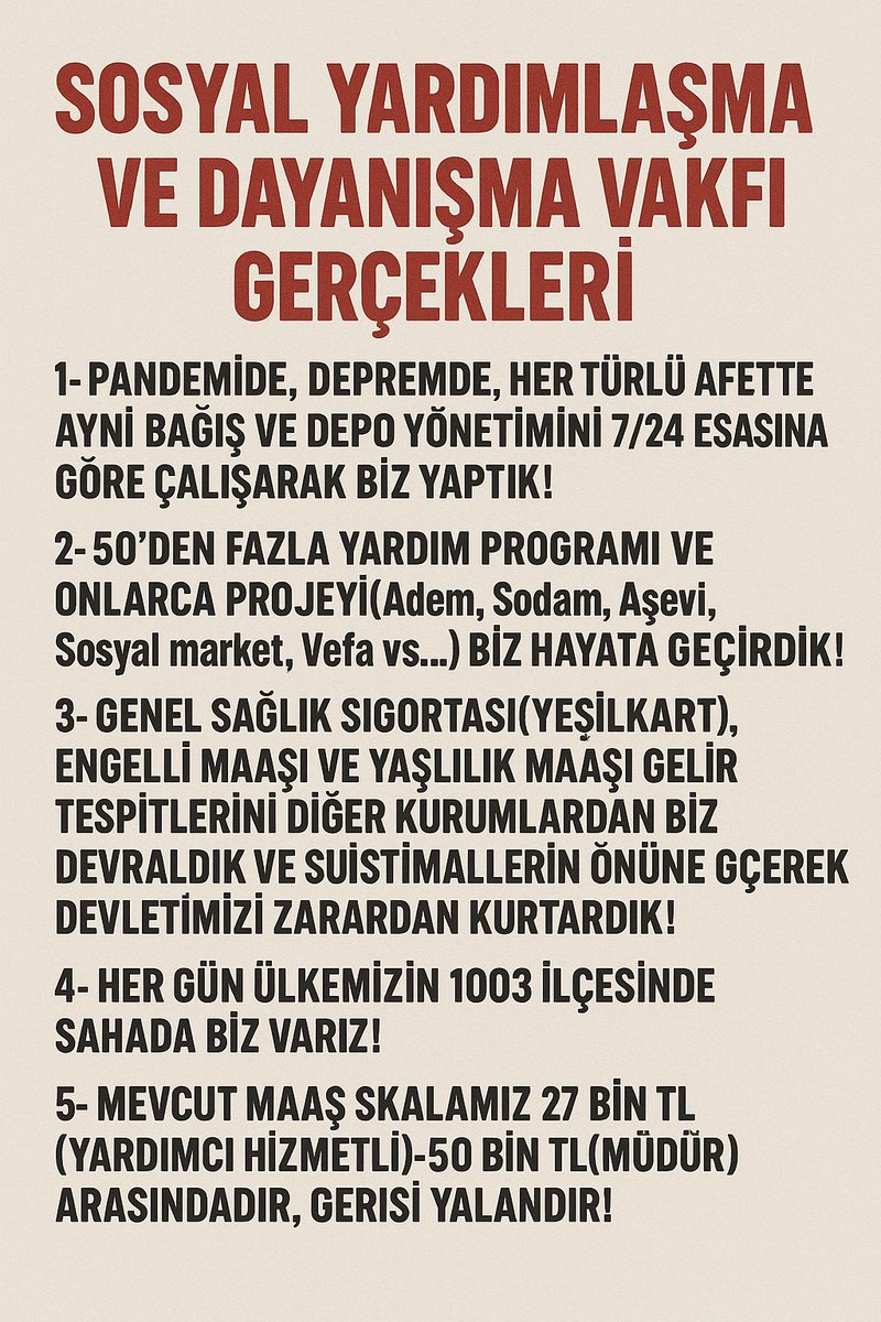 Sayın bakanım <a href="/MahinurOzdemir/">Mahinur Özdemir Göktaş</a>
Bizi kifayetsiz muhterislere değil;
Öksüzlere, yetimlere, yaşlılara, engellilere, mazlumlara, mağdurlara, depremzedelere sorun. Onlar doğruyu söyler. Onların dilinde riya, yüzünde maske yoktur.
#SYDVGreveGidiyor