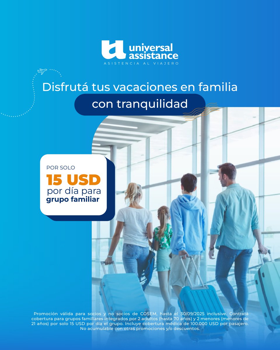 🌎✈️ Viajar en familia es disfrutar sin preocupaciones.
Con Universal Assistance, protegé a tu grupo familiar por solo 15 USD al día.

Contactanos para saber más:
📞19933 | 📲 2403 0000
📩 comercial@cosem.com.uy