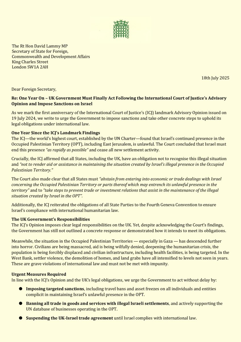 RichardBurgon's tweet photo. I recently organised this letter from 85 MPs and Lords from 9 parties calling for widespread sanctions on Israel, with my colleague @Imran_HussainMP

When Parliament returns next week, we'll be stepping up the pressure for sanctions.

Only tough action will end Israel's Genocide. https://t.co/0mCcqjrCyU