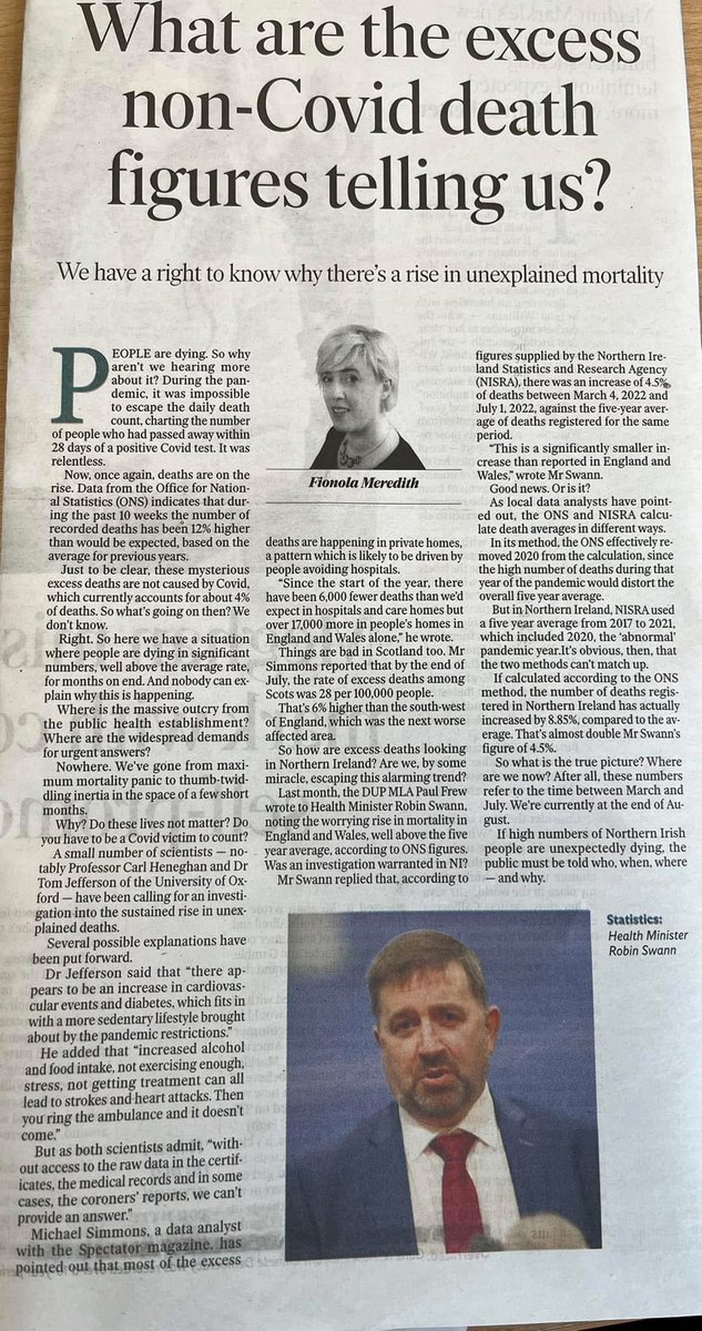 paulfrewDUP's tweet photo. 3 days before this Fionola Meredith article on the playing down of levels of excess deaths in Northern Ireland the Health Minister sent an email asking officials if they were indeed investigating excess deaths. We are still waiting publication of that investigation 3 years later. https://t.co/ggEGvlO76v
